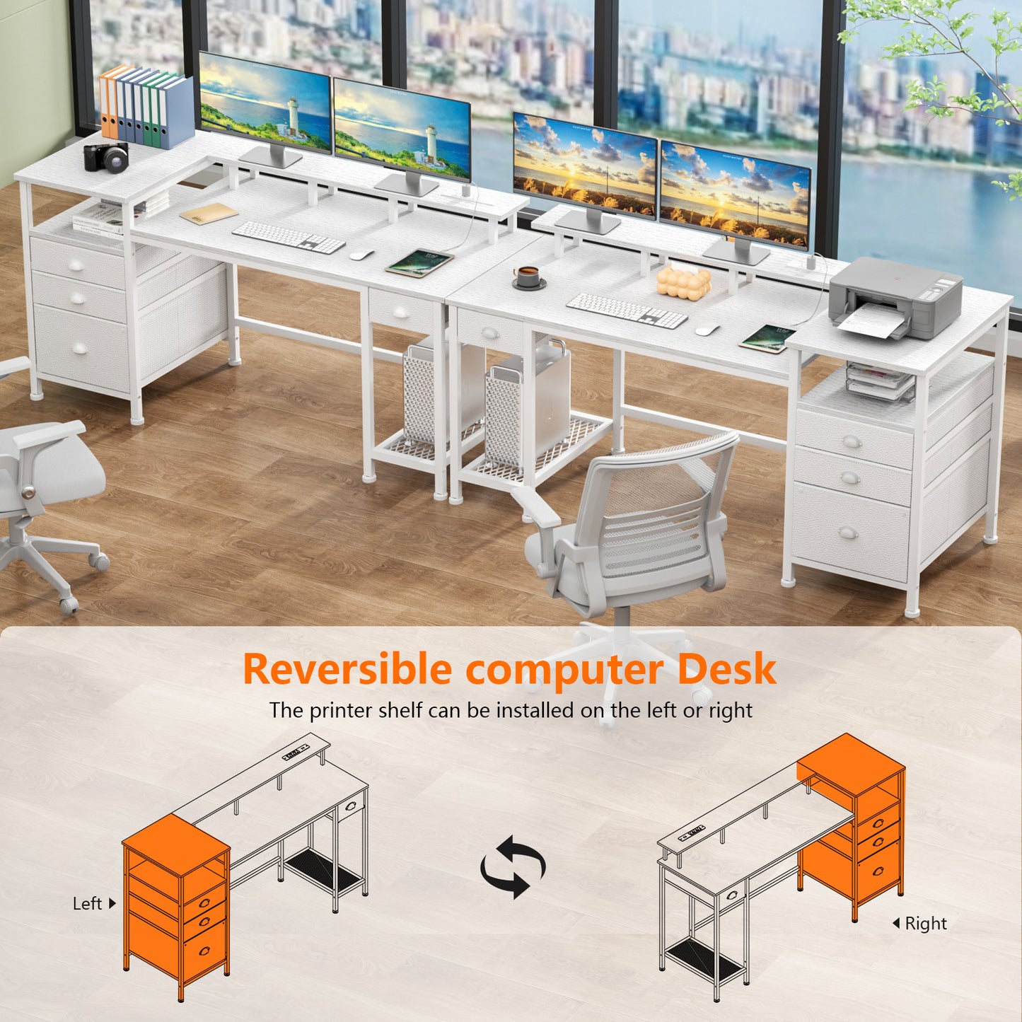 Satifur Computer Desk with 4 Drawers, 60 Inch Reversible Desk with Led Lights & Power Outlet, Home Office Desk with File Drawer & Monitor Stand, White