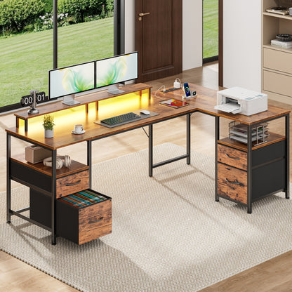 Satifur 65 Inch Reversible L Shaped Computer Desk with LED Lights & Outlets, Office Desk with 3 Drawers & 1 File Cabinet, Rustic Brown