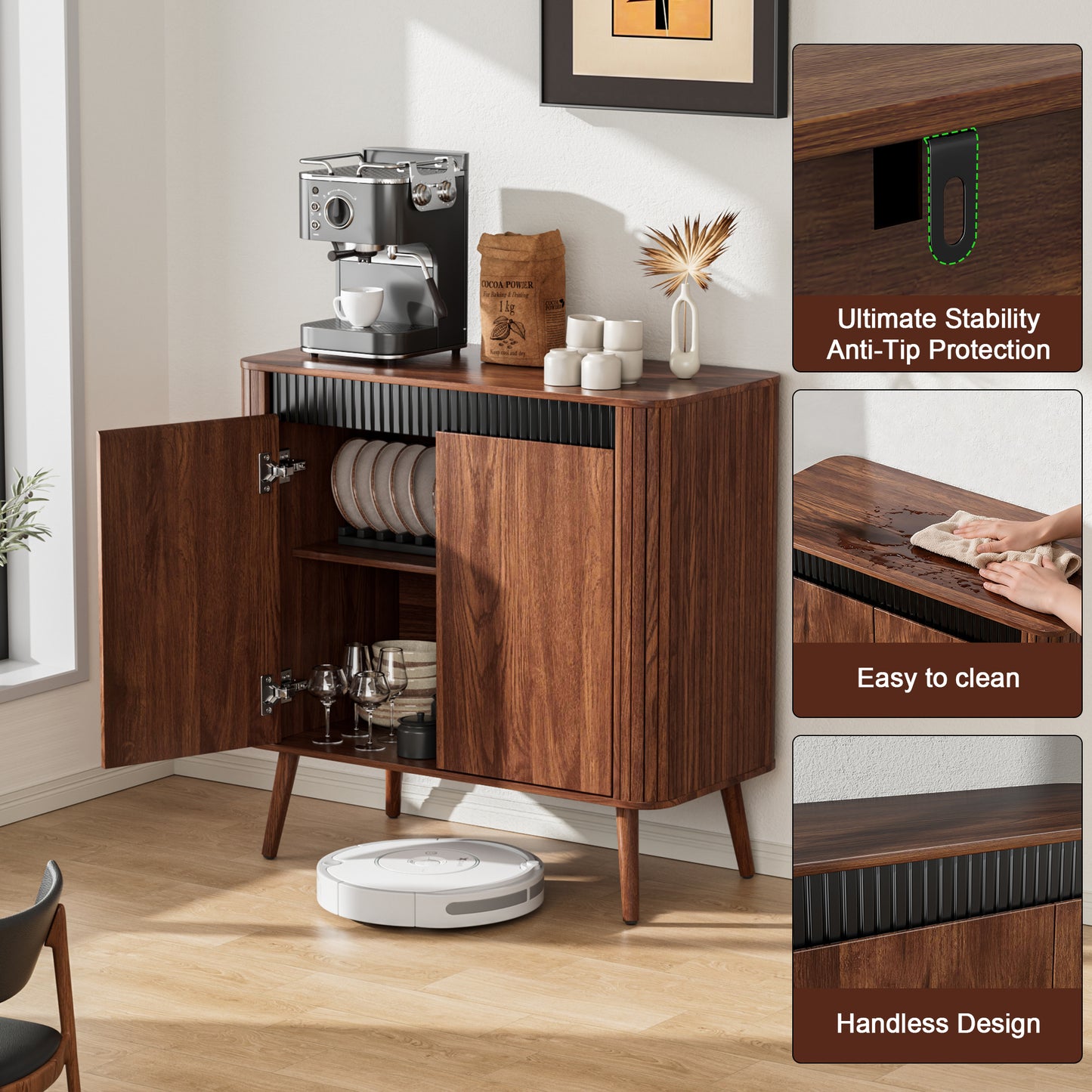 Satifur Sideboard Buffet Cabinet 31.5" Storage Cabinet with Handless Doors, Adjustable Shelves for Kitchen, Living Room, Hallway, Entryway