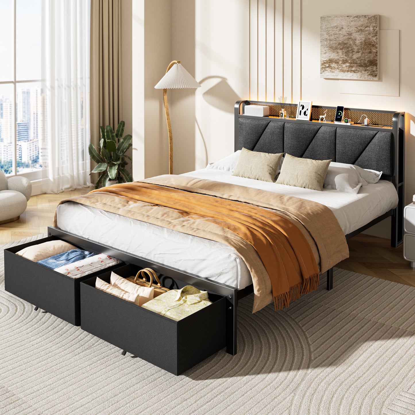 Satifur Queen Bed Frame with 2 Storage Drawers and Upholstered Storage Headboard, Metal Platform Bed with Charging Station & LED, Noise-Free, No Box Spring Needed, Dark Grey & Black