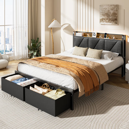 Satifur Queen Bed Frame with 2 Storage Drawers and Upholstered Storage Headboard, Metal Platform Bed with Charging Station & LED, Noise-Free, No Box Spring Needed, Dark Grey & Black