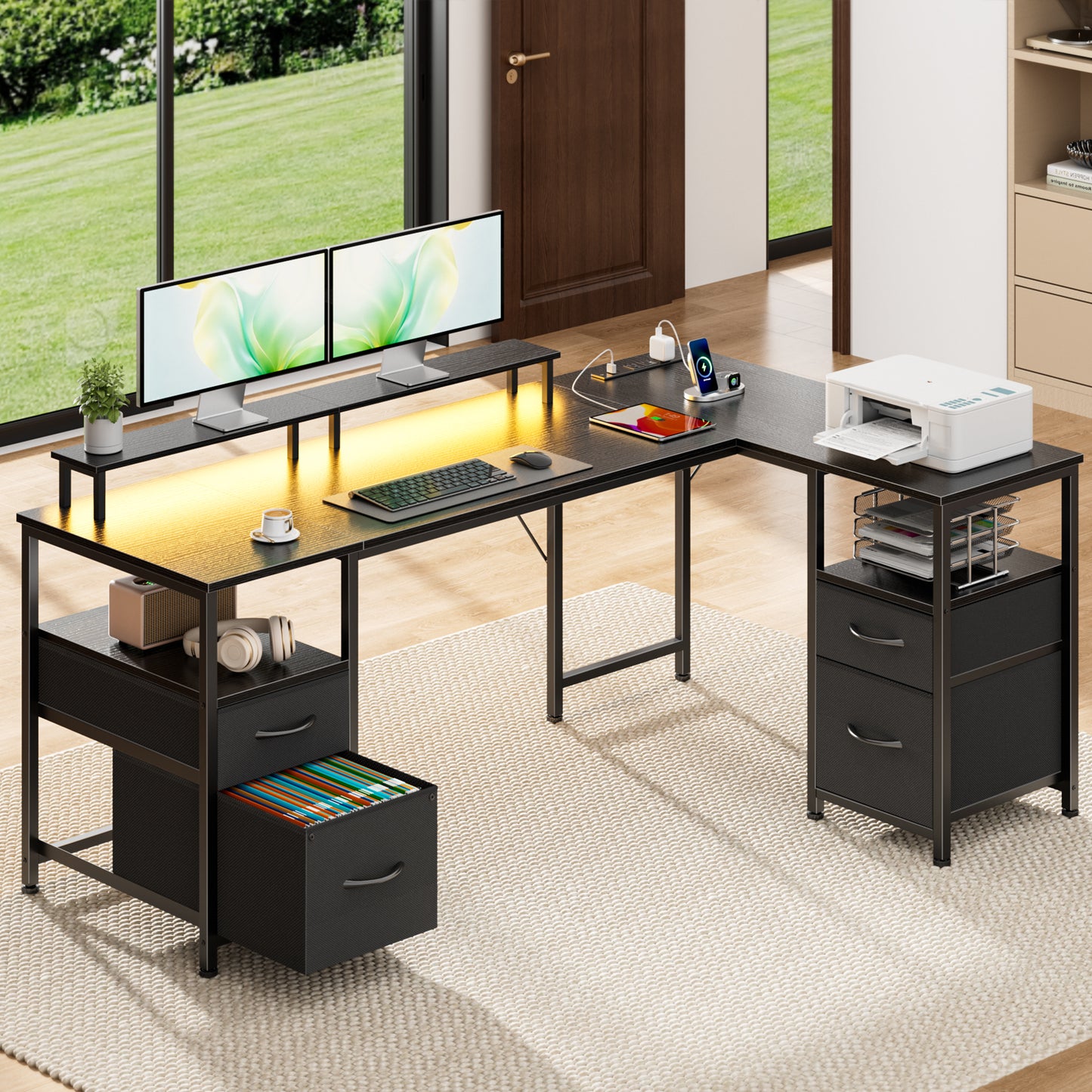 Satifur 57 Inch Reversible L Shaped Computer Desk with LED Lights & Outlets, Office Desk with 3 Drawers & 1 File Cabinet, Black