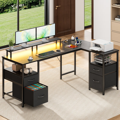 Satifur 57 Inch Reversible L Shaped Computer Desk with LED Lights & Outlets, Office Desk with 3 Drawers & 1 File Cabinet, Black