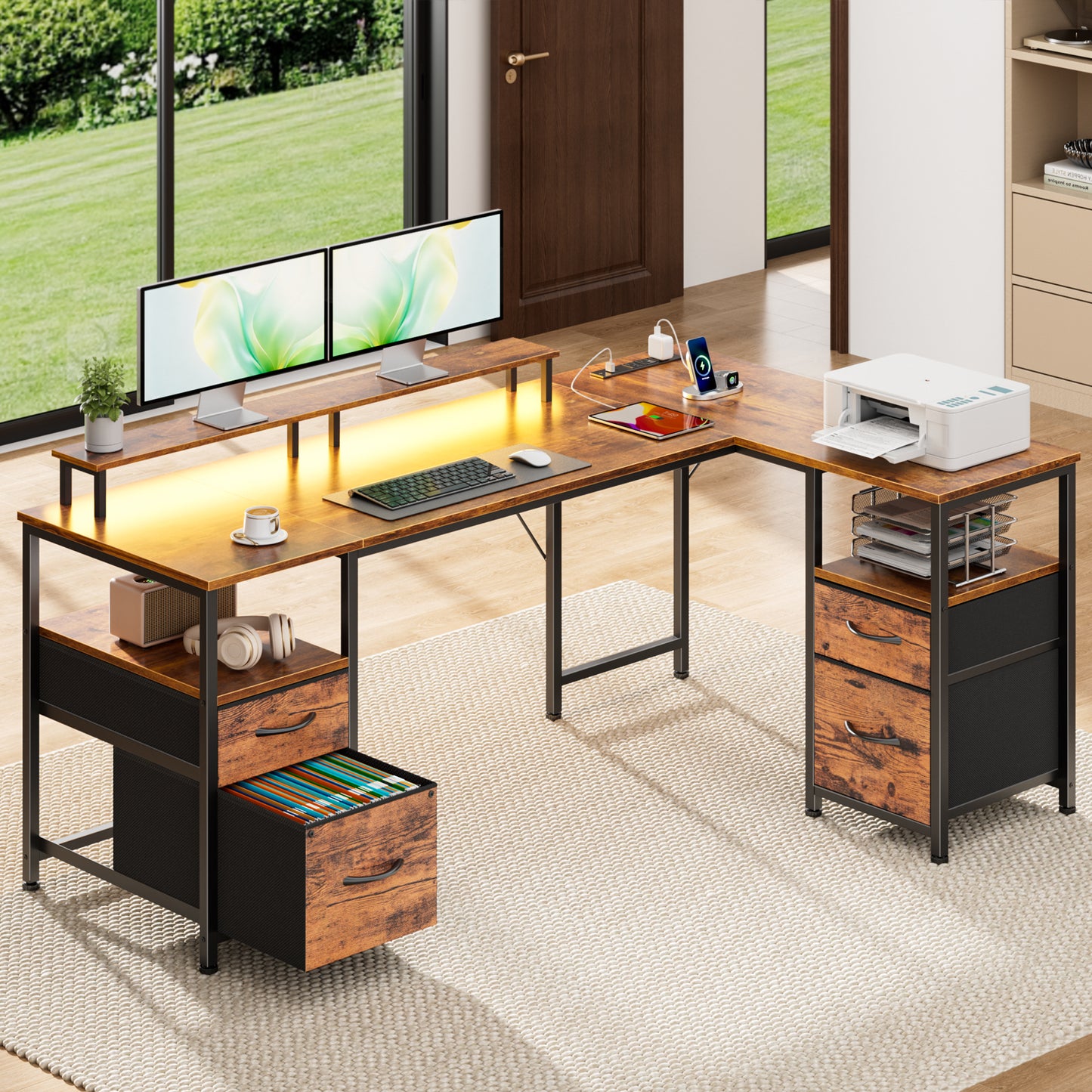 Satifur 57 Inch Reversible L Shaped Computer Desk with LED Lights & Outlets, Office Desk with 3 Drawers & 1 File Cabinet, Rustic Brown