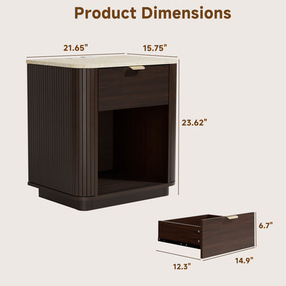 Satifur Wooden Nightstand with Charging Station, 1 Drawer Fluted Night Stand with Storage, Modern Bedside Table End Table for Bedroom Living Room, Walnut