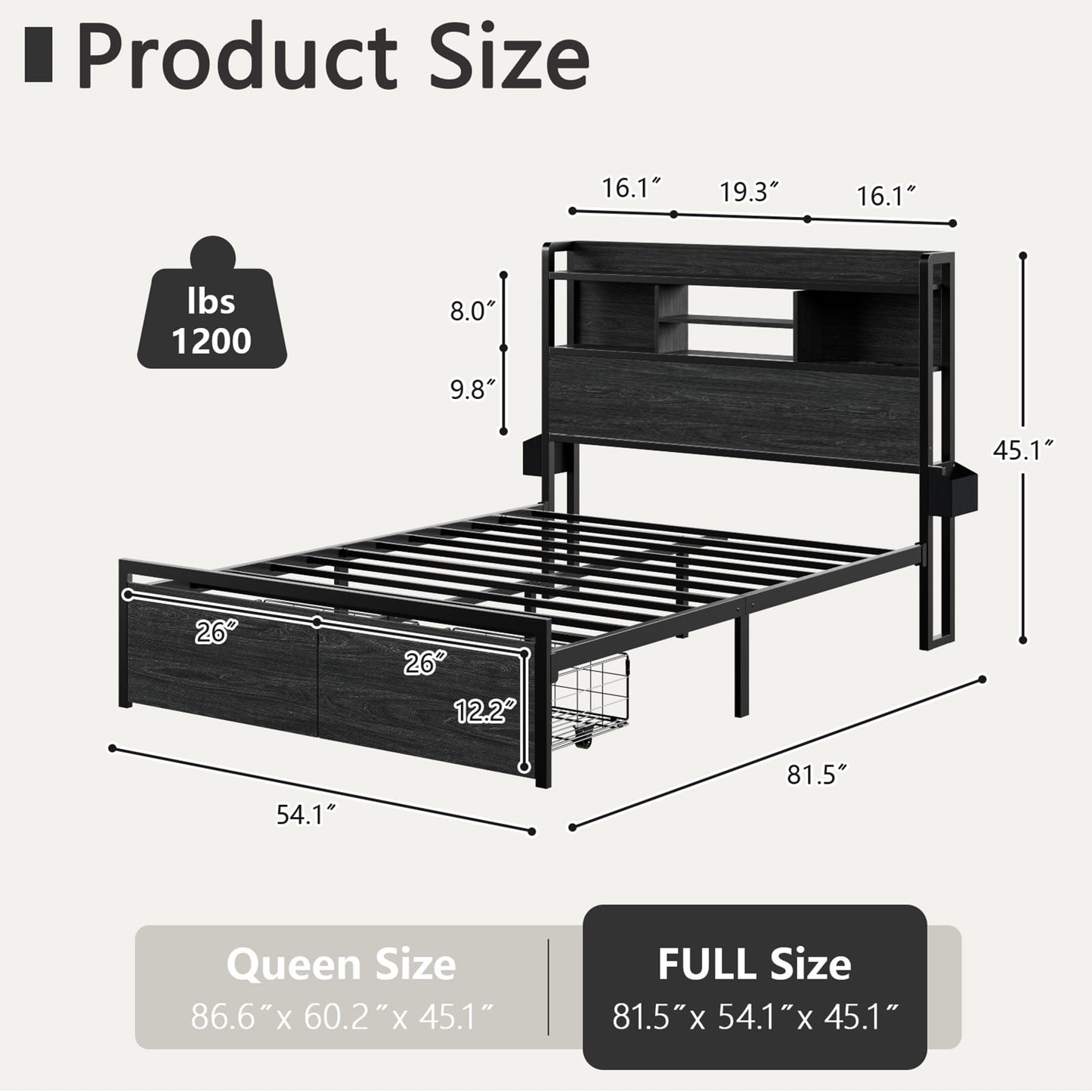Satifur Full Size LED Light Bed Frame with Storage Headboard and USB Ports,Bed Platform with Drawers, RGB Lights