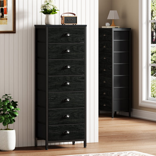 Satifur 7-Drawer Tall Dresser Bedside Fabric Nightstand Closet Organizer Unit with Storage,Black Oak