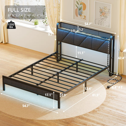 Tydimor Queen Size Metal Smart Bed Frames with Upholstered Headboard, LED Lights, USB Ports and Outlets, Storage Shelves & Underbed