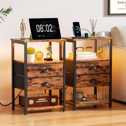 Satifur Side Table with Light, Charging Station, Rustic Brown Nighstand for Bedroom, Living Room
