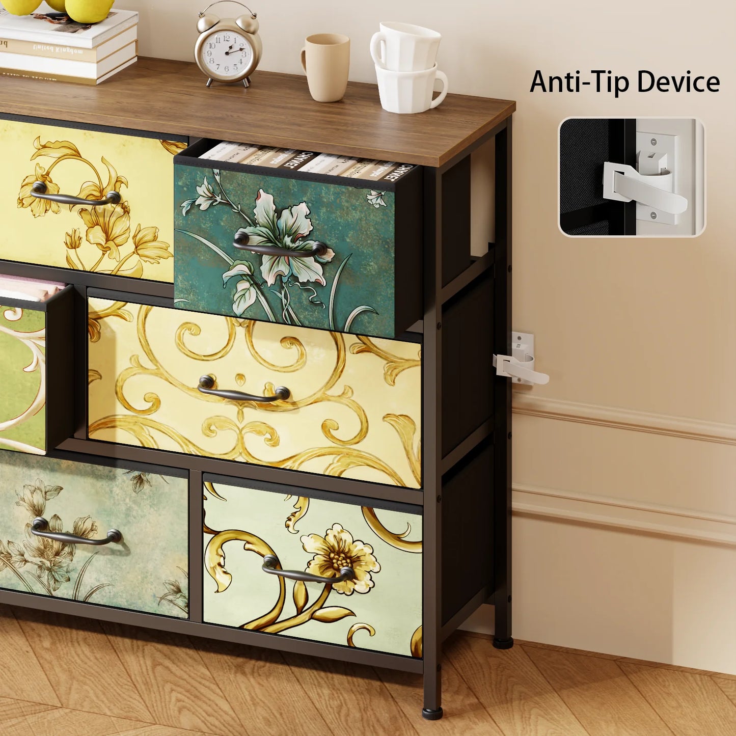 Satifur Console Table 8 Drawer Dresser with Retro Floral Pattern Drawer Dresser for Bedroom Living Room 31.5"H