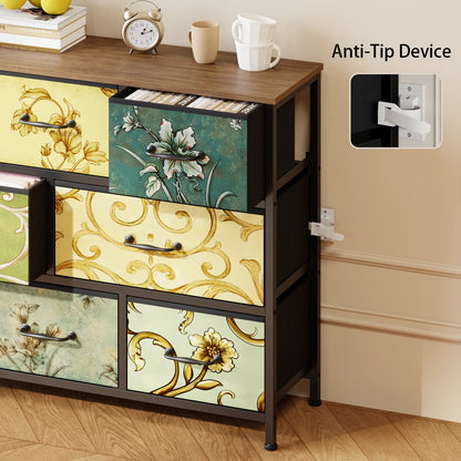 Satifur Console Table 8 Drawer Dresser with Retro Floral Pattern Drawer Dresser for Bedroom Living Room 31.5"H