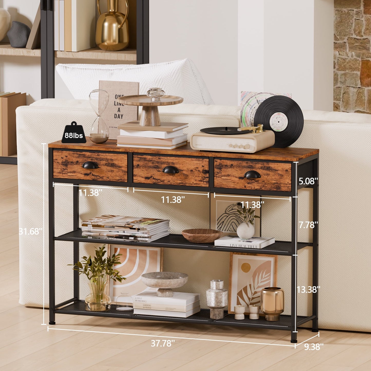 Satifur 38 Inch Extra Long Entryway Table with Upgraded Fabric Drawers Console Table Metal Frame Sofa Table with Bottom Shelf for Living Room and Hallway