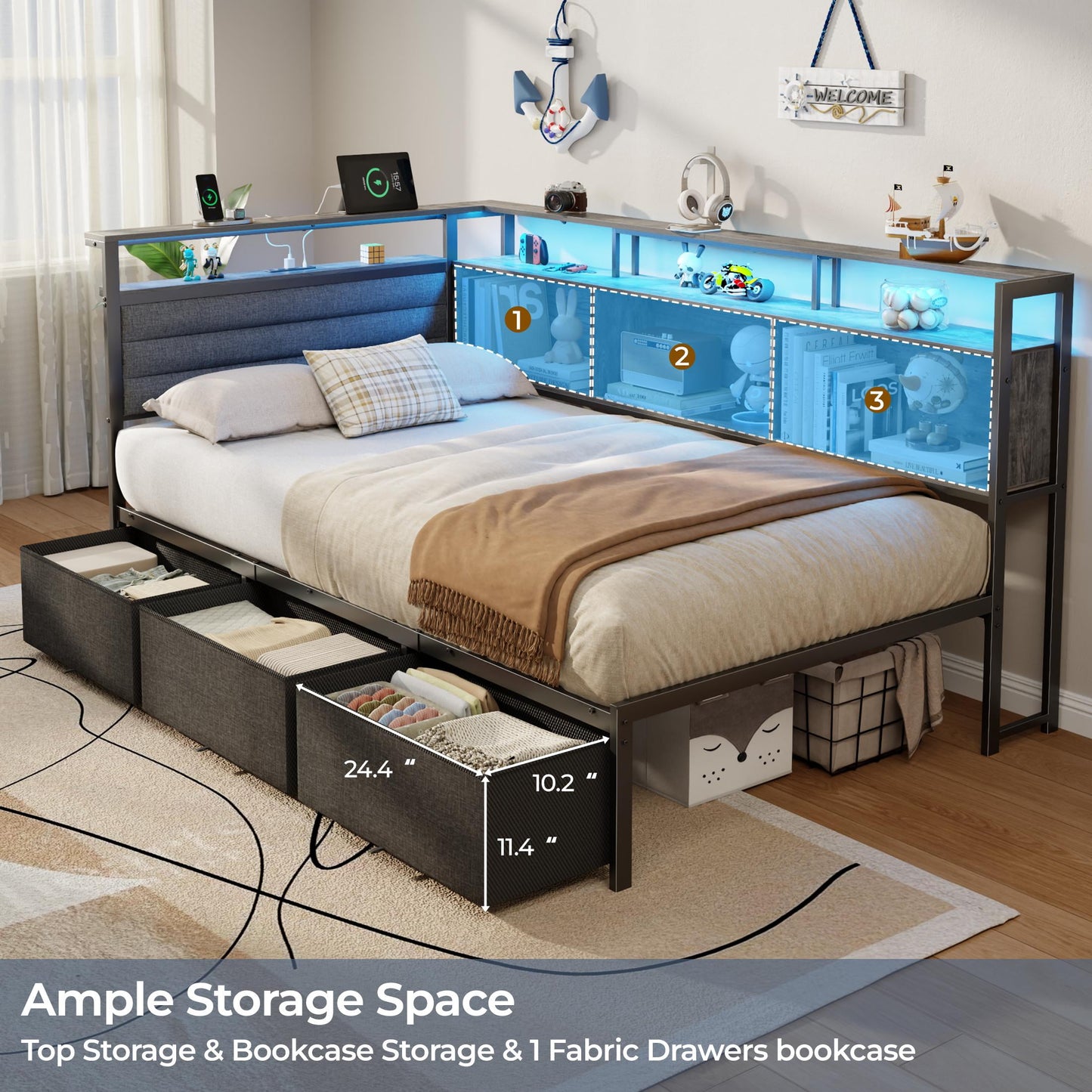 Tydimor L-Shaped Corner Bed Frame with 3 Storage Drawers, 3 Cubbies & Double-Layer Shelf, LED Lights & Power Outlet, Corner Twin Beds for Living Room, Bedroom and Guest, Grey Oak