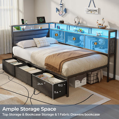 Tydimor L-Shaped Corner Bed Frame with 3 Storage Drawers, 3 Cubbies & Double-Layer Shelf, LED Lights & Power Outlet, Corner Twin Beds for Living Room, Bedroom and Guest, Grey Oak