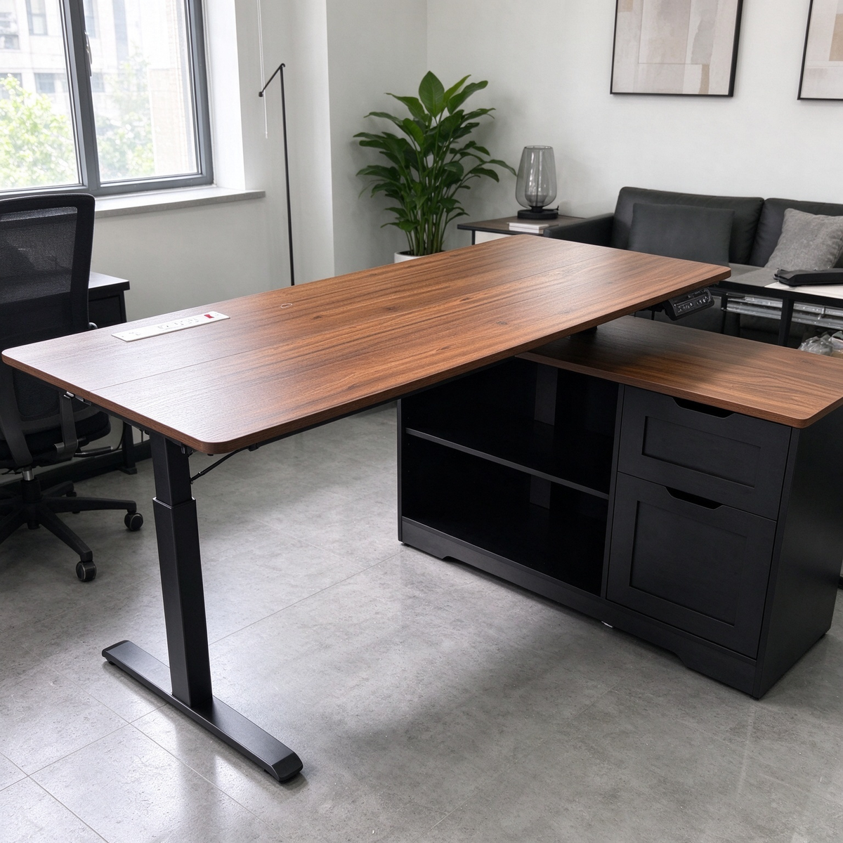 Satifur 55 Inch Electric Standing Desk with Power Outlet, Height Adjustable Computer Desk with 3 Drawers for Home Office, Dark Wood Grain and Black