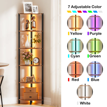 Satifur Corner Shelf Bookcase with LED Light Strip, 6-Tier Corner Bookshelf for Living Room,Bedroom,Kitchen,Rustic Brown