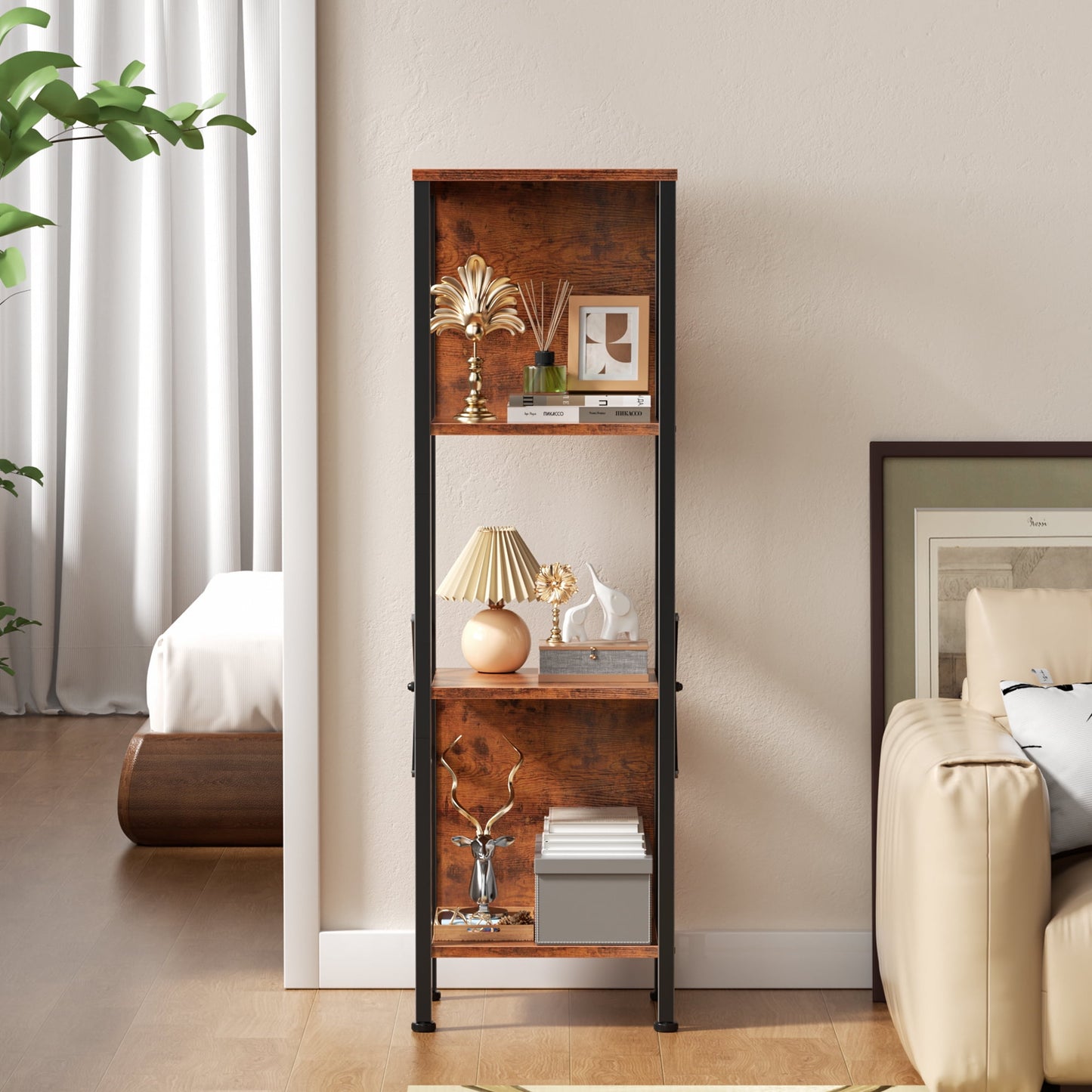 Satifur Bookshelf with 2 Large Backboards, Narrow Bookcase for Space Saving, Industrial Bookshelf with 4 Shelves for Office, Bathroom, Bedroom,Rustic Finish