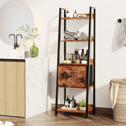 Tydimor 5-Tier Ladder Bookshelf With Drawer, Leaning Bookcase Storage Display Shelf,Rustic Brown