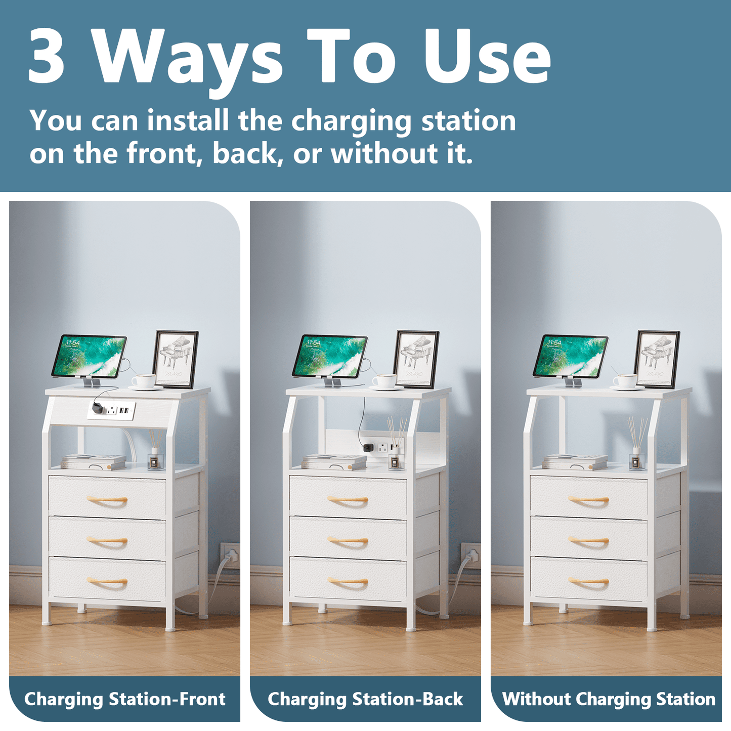 TYDIMOR Nightstand Bedside Table with Charging Station, 3 Drawer Dresser for Bedroom Furniture, White, Modern Style, Adults