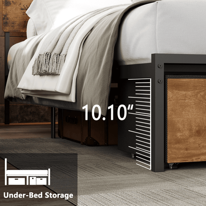 Tydimor King Size Bed Frame with 3 Drawers & LED Lights & Charging Station, Beds with Headboard & 10.10" Under Bed Storage, No Box Spring Needed, Easy Assembly, Rustic Brown