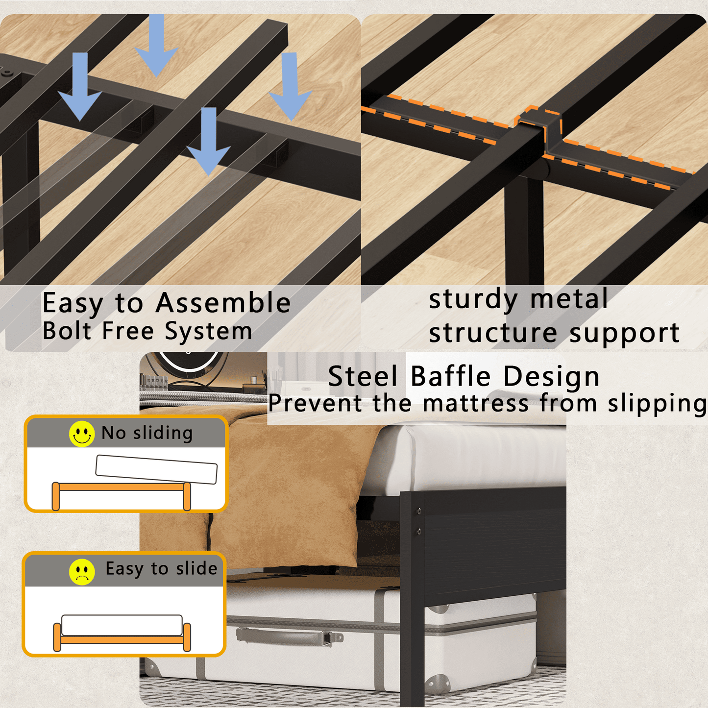 Tydimor King Size Metal Smart Bed Frames with Upholstered Headboard, LED Lights, USB Ports and Outlets, Storage Shelves & Underbed