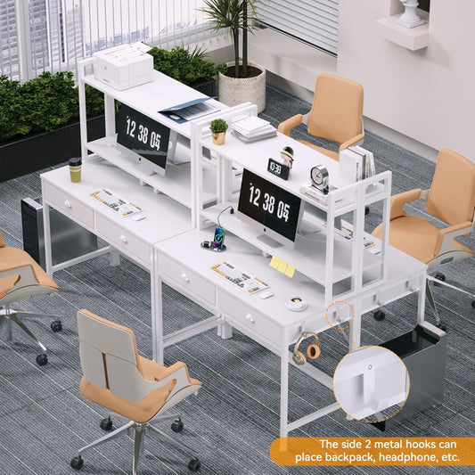 Furologee Small White Computer Desk with Power Outlet and 2 Fabric Drawers, Makeup Vanity Desk with LED Light, Home Office Desk with Monitor Stand, Gaming Desk with Hutch for Small Space