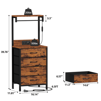 Satifur Tall Nightstand with Charging Station and Drawers, Bedside Table with 4 Fabric Drawers, LED Lights, and 2 Storage Shelves, Rustic Brown