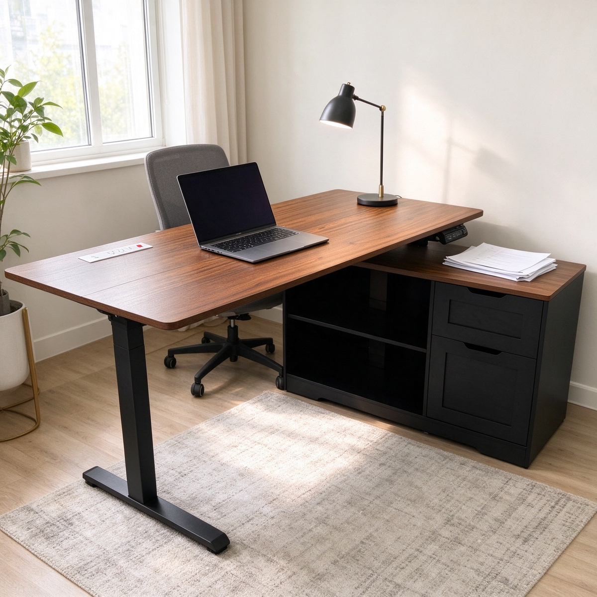 Satifur 55 Inch Electric Standing Desk with Power Outlet, Height Adjustable Computer Desk with 3 Drawers for Home Office, Dark Wood Grain and Black