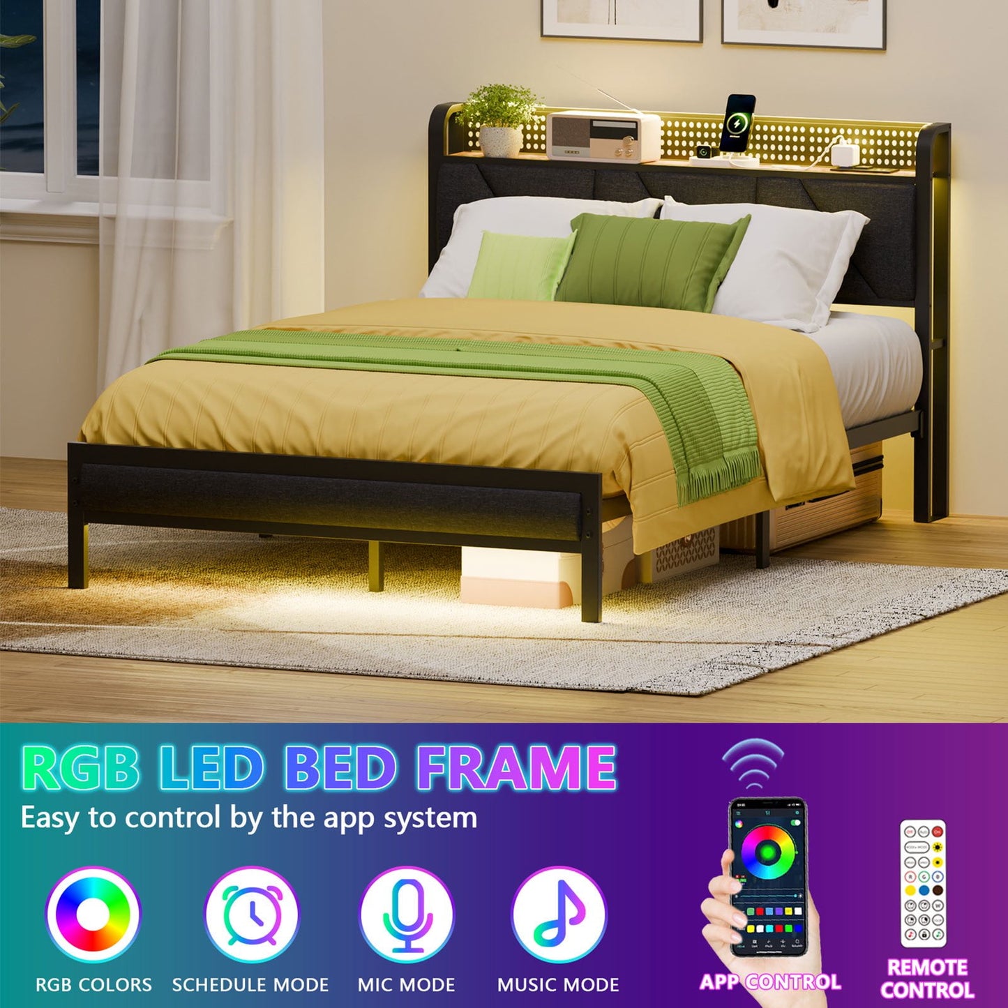Hexmn Full Size Metal Smart Bed Frame with Upholstered Headboard, LED Lights, USB Ports and Outlets, Storage Shelves & Underbed