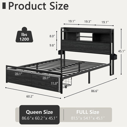 Satifur Queen Size LED Light Bed Frame with Storage Shelf and USB Ports, Full Bed with Drawers and RGB LED Lights