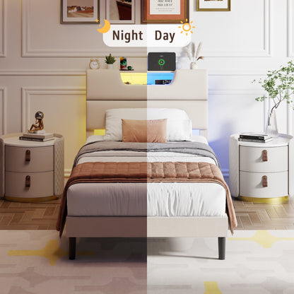 Tydimor Beige Fine Linen Fabric Bed Frame with Upholstered Headboard & Charge Station, Twin Size Bed Frame with LED Lights, No Box Spring Needed