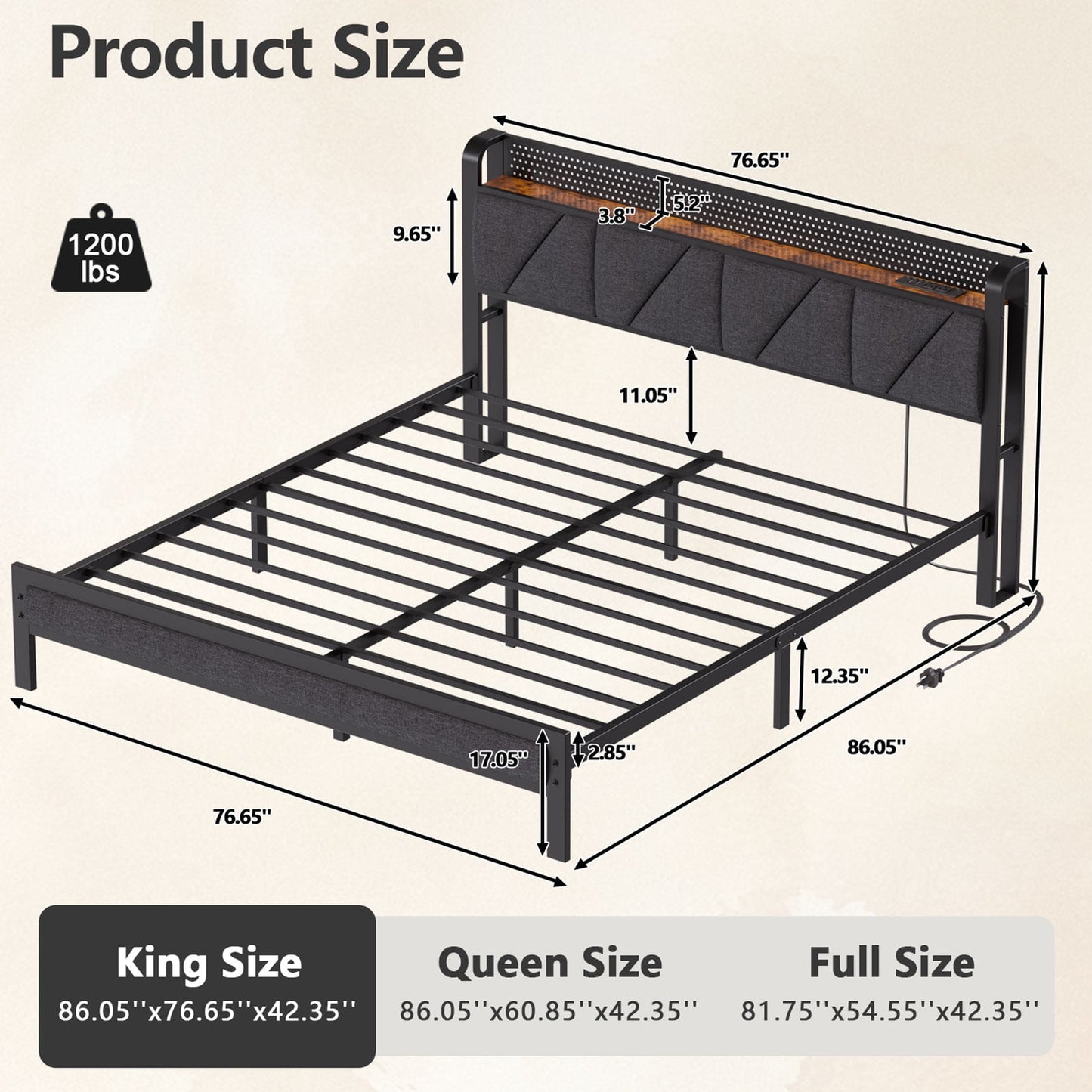 Satifur King Bed Frame with Upholstered Storage Headboard, Metal Platform Bed Station with Charging Station & LED, Noise-Free.No Box Spring Needed