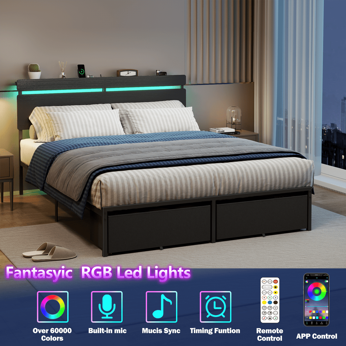 Tydimor Queen Size Bed Frame with 2 Drawers & LED Lights & Charging Station, Beds with Headboard & 10.10" Under Bed Storage, No Box Spring Needed, Easy Assembly, Black