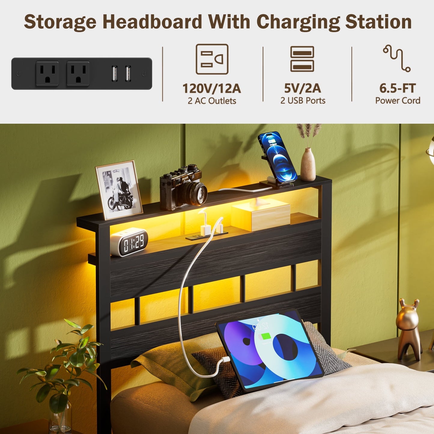 Hexmn LED Lights Twin Bed Frame with Headboard, Standard Storage Bed Platforrm with Storage Underbed, No Box Spring Needed