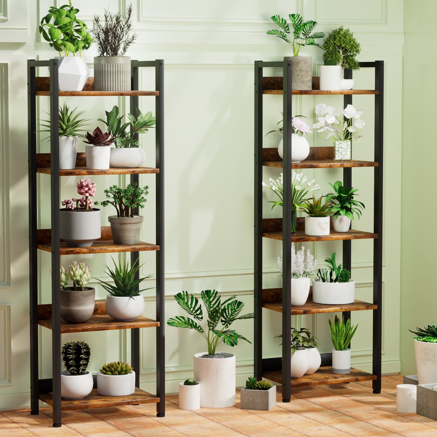 Satifur 5 Tier Ladder Bookcase with Removable Drawer Tall Standing Bookshelf,Rustic Brown