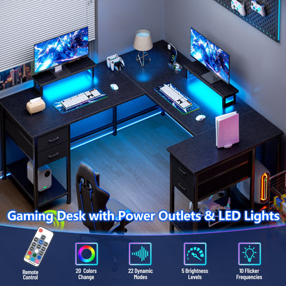 Hexmn LED Lights Computer Monitor Desks fabric drawers for 2 Monitors Dual, L Shape Smart Corner Gaming Tables with Charging Station