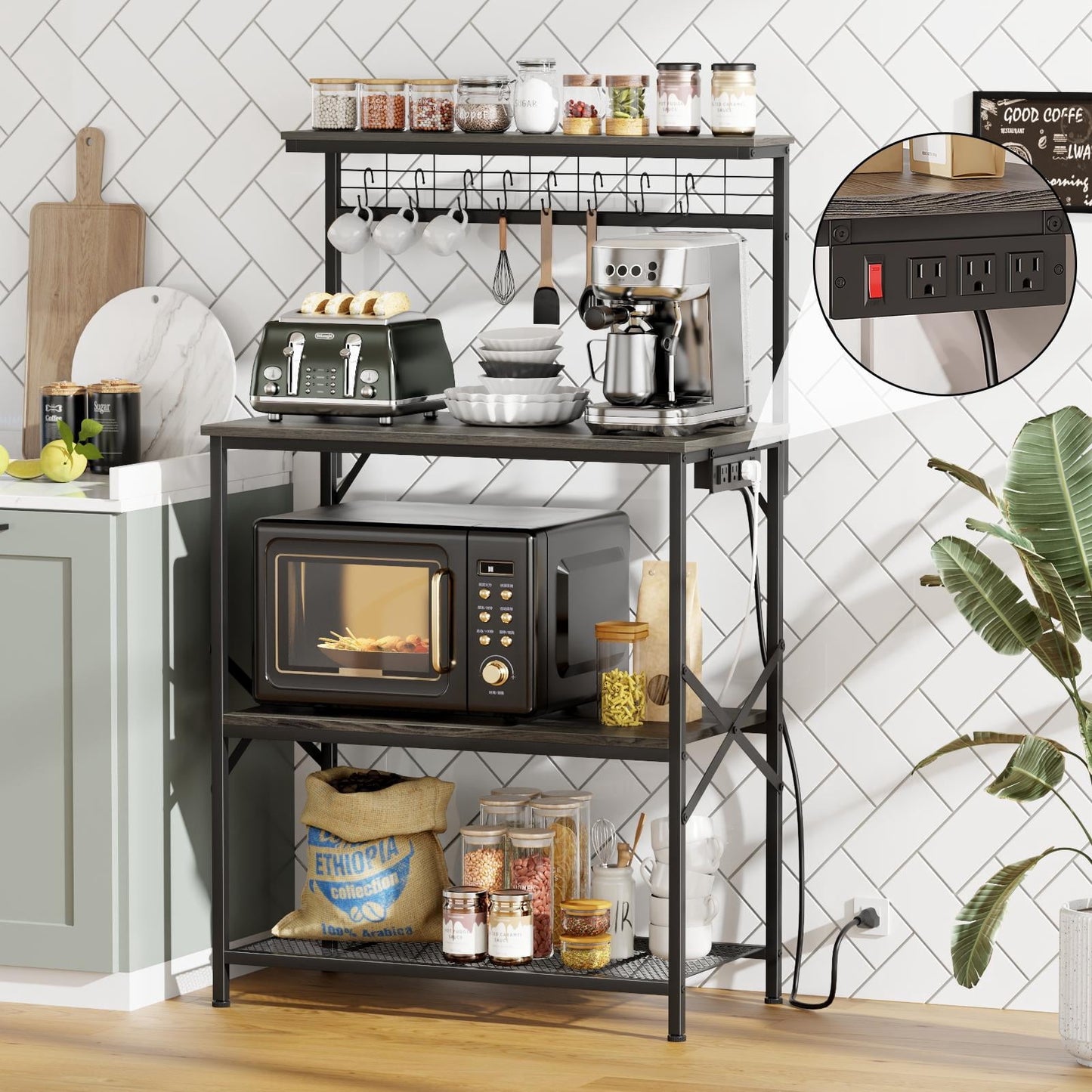Tydimor Bakers Rack with Power Outlet, Kitchen Microwave Stand, 4-Tier Coffee Bar Table, Space-Saving Kitchen Storage Shelf, Light Black Oak