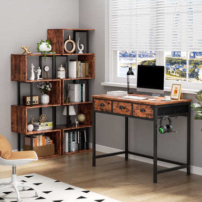 Satifur Computer Desk with Drawers & Hooks, Writing Desk with 3 Fabric Drawers for Bedroom, Home Office, Rustic Brown