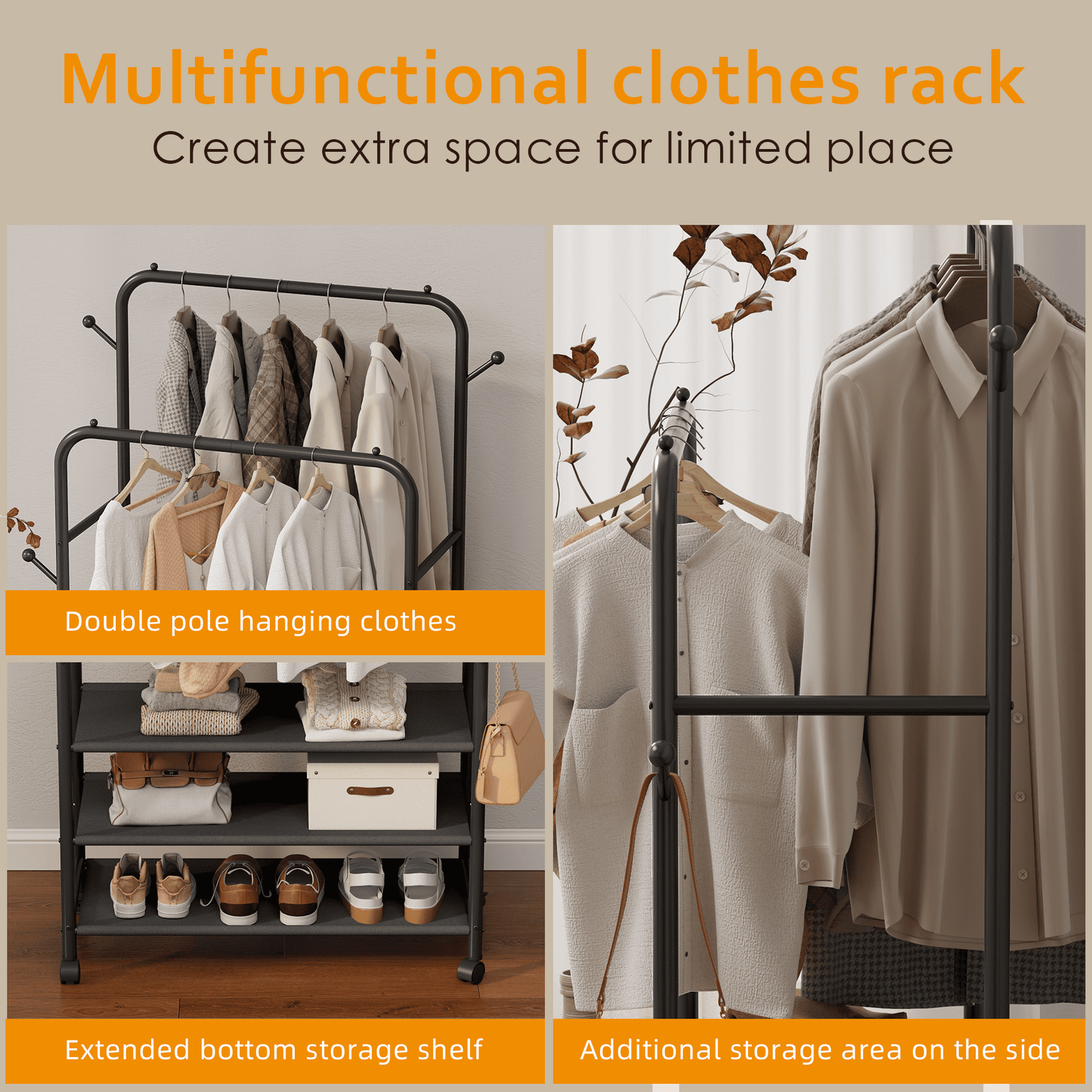 Satifur Clothes Rack with 3 Tiers Storage Shelves, Clothing and Shoes Racks, Garment Rack with Wheels, Multi-functional Double Rod Hanging Rack, Black
