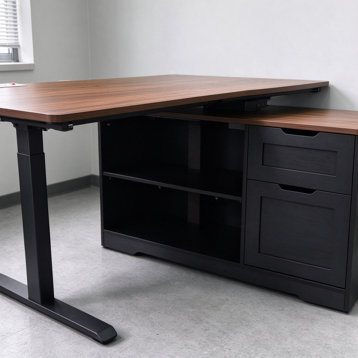 Satifur 55 Inch L‑Shaped Electric Standing Desk with Power Outlet, Height Adjustable Computer Desk with 2 Drawers & Open Shelves for Home Office, Dark Wood Grain and Black