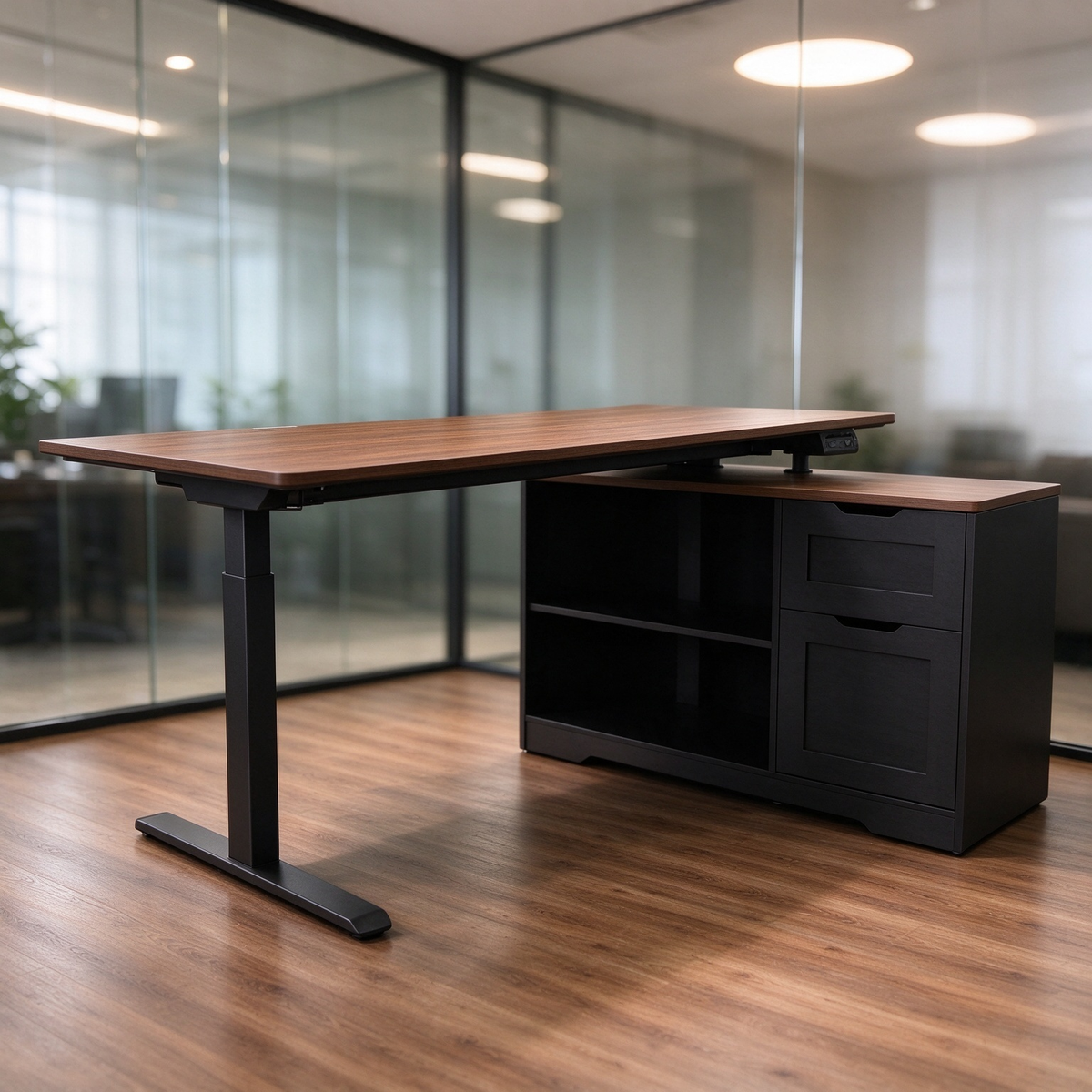 Satifur 55 Inch Electric Standing Desk with Power Outlet, Height Adjustable Computer Desk with 3 Drawers for Home Office, Dark Wood Grain and Black