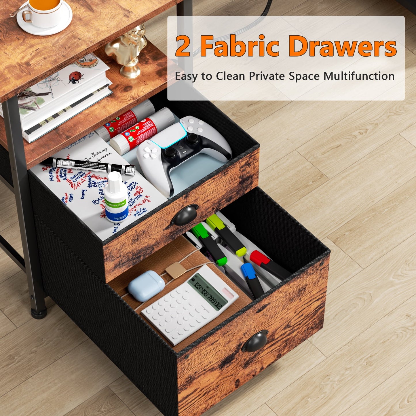 Satifur Office Desk with Drawers & Charging Station, Gaming Desk with Movable Monitor Stands, Corner Desk with Storage Shelves & File Cabinet, Rustic Brown