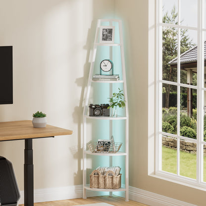 Satifur Corner Shelf Space Saving Freestanding Bookcase with LED Light Strip, Corner Bookshelf for Living Room Bedroom, White