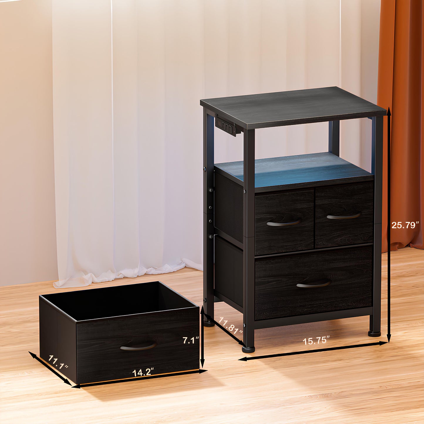 TYDIMOR Nightstand Bedside Table with Charging Station, 3 Drawer Dresser for Bedroom Furniture, Black, Modern Style, Adults