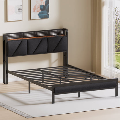 Hexmn Full Size Metal Smart Bed Frame with Upholstered Headboard, LED Lights, USB Ports and Outlets, Storage Shelves & Underbed