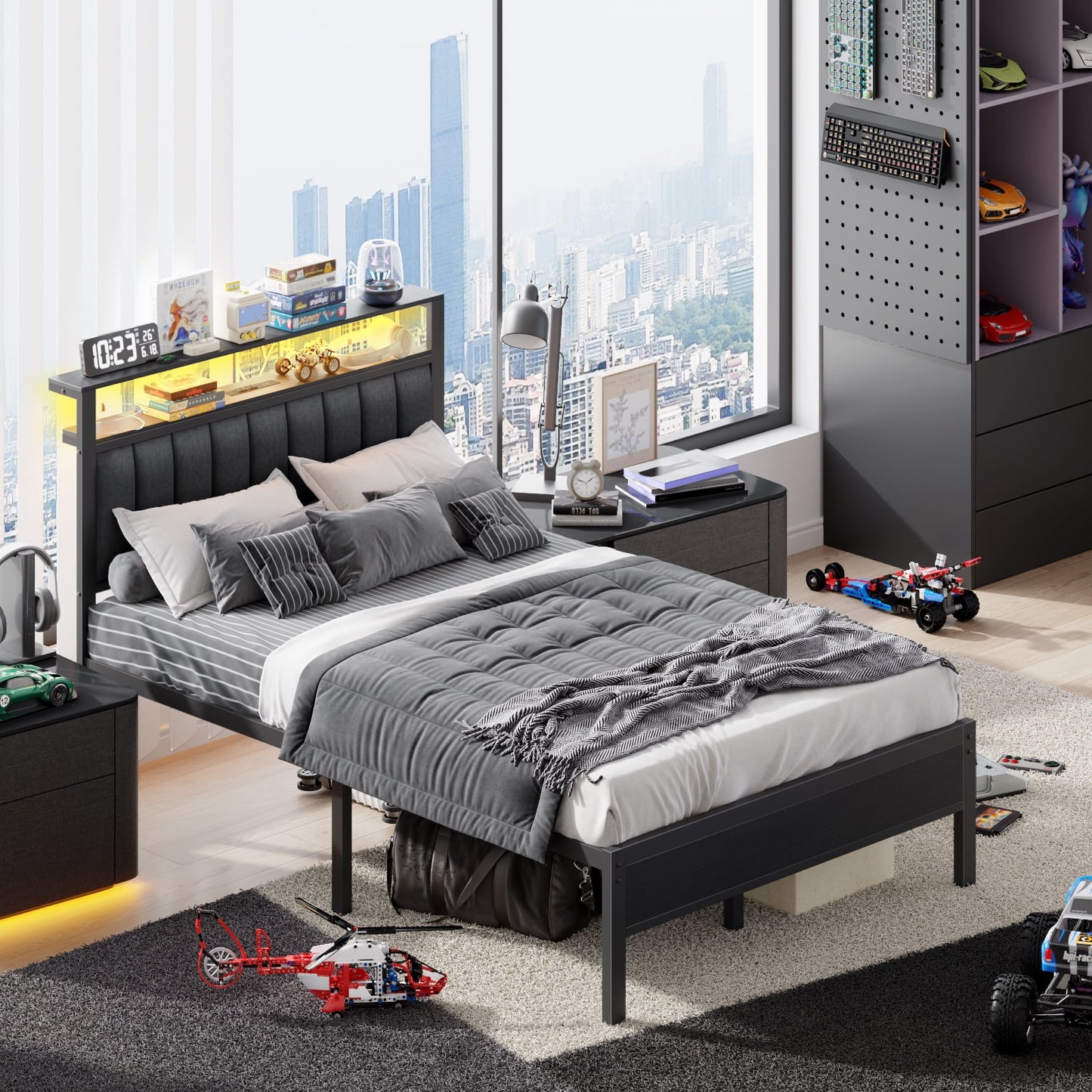 Satifur Full Bed Frame with Upholstered Headboard, Steel Slats Support, No Box Spring Needed