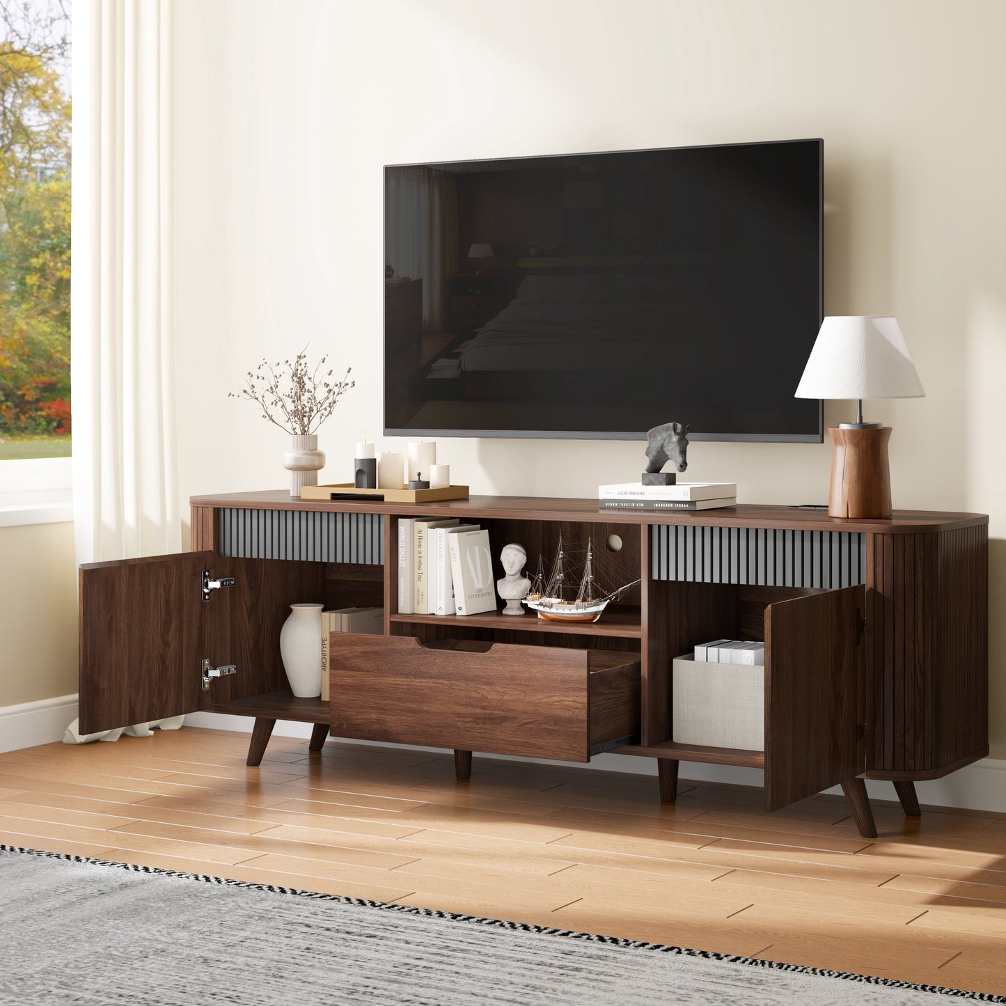 Tydimor TV Cabinet Stands for TVs up to 70", Entertainment Center with Storage Shelf & Outlet, Media Console Table with Drawers for Living Room