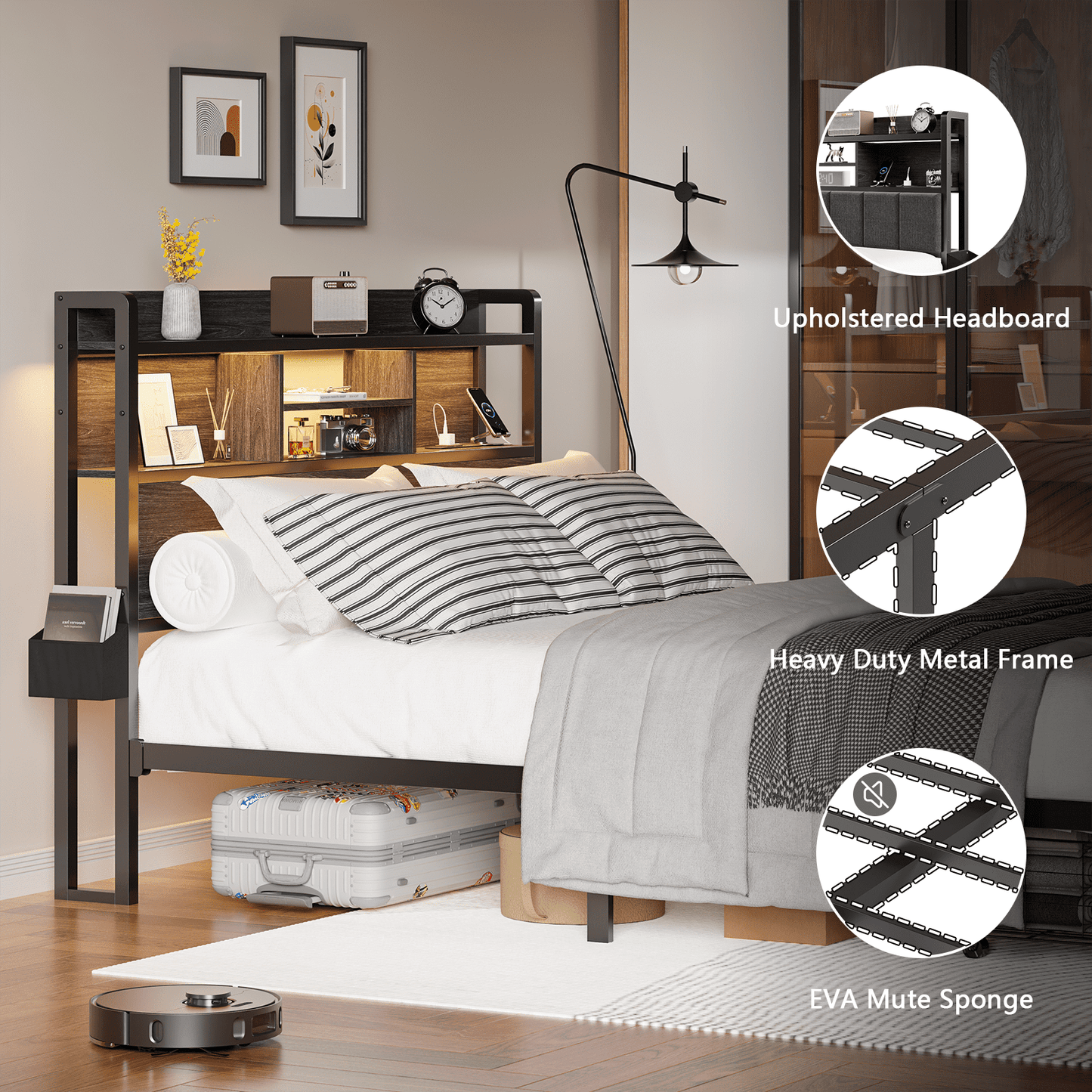 Tydimor Queen Size Bed Frames Bedroom Furniture Sets with Upholstered Storage Headboard & Outlets, LED Lights Standard Bed con Cajones, Niose Free