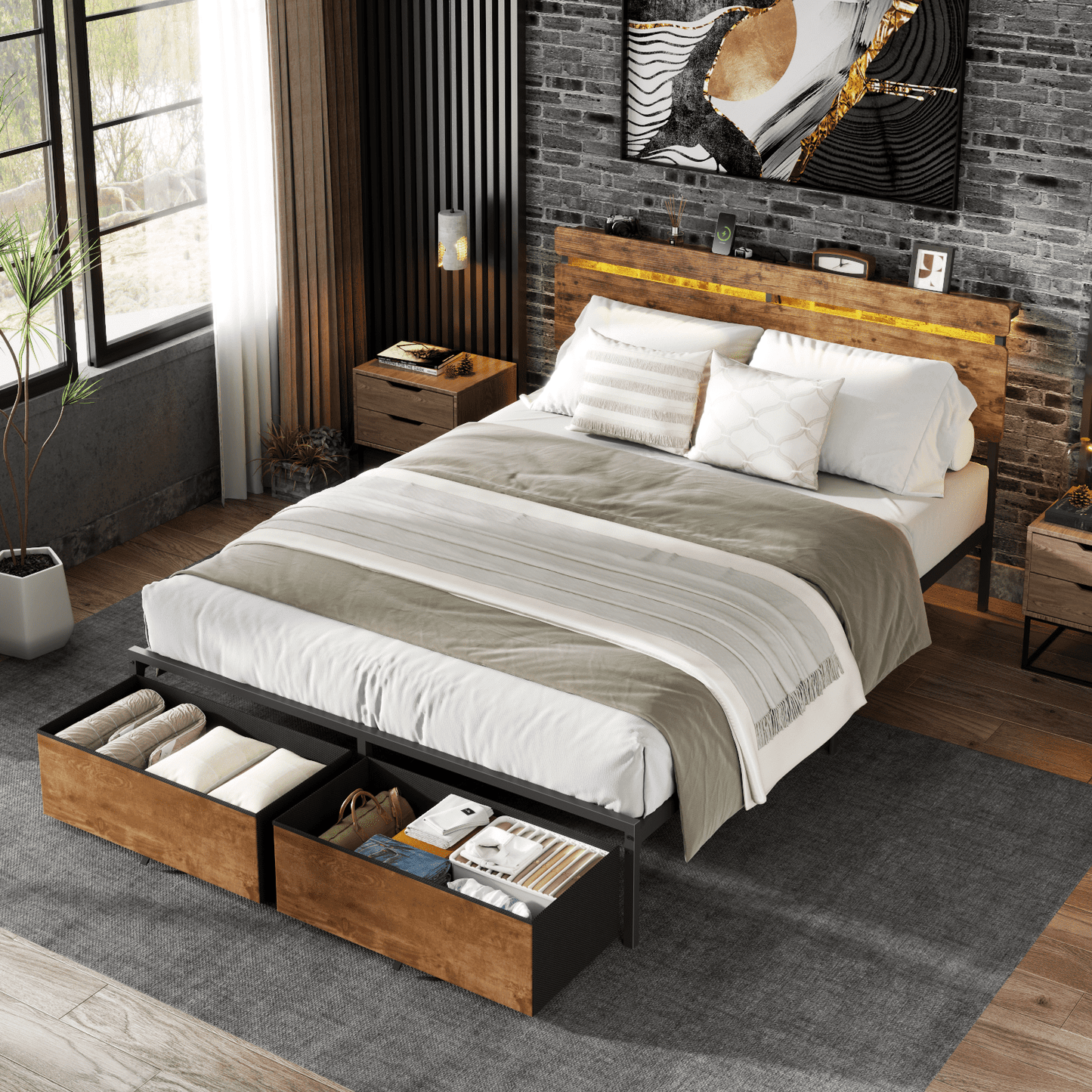 Tydimor Queen Size Bed Frame with 2 Drawers & LED Lights & Charging Station, Beds with Headboard & 10.10" Under Bed Storage, No Box Spring Needed, Easy Assembly, Rustic Brown