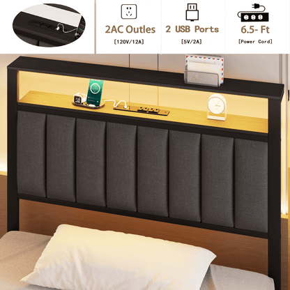 Hexmn Twin Bed Frame with USB Ports and Outlets, LED Gaming Bed Metal Frame Underbed with Headboard, Niose Free